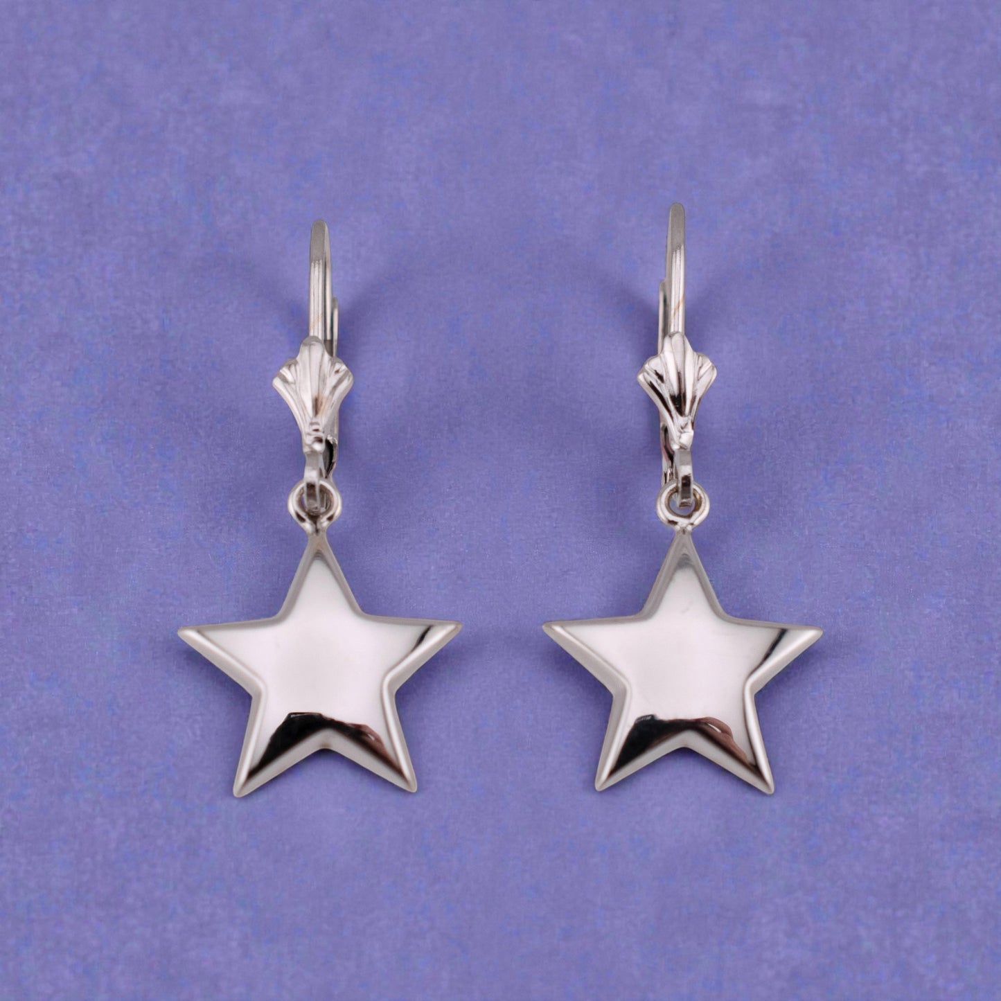 Vintage 14K White Gold Puffy Star Leverback Dangle Earrings