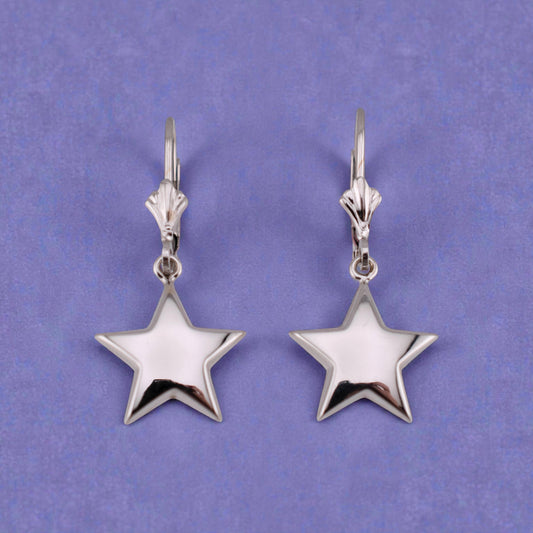 Vintage 14K White Gold Puffy Star Leverback Dangle Earrings