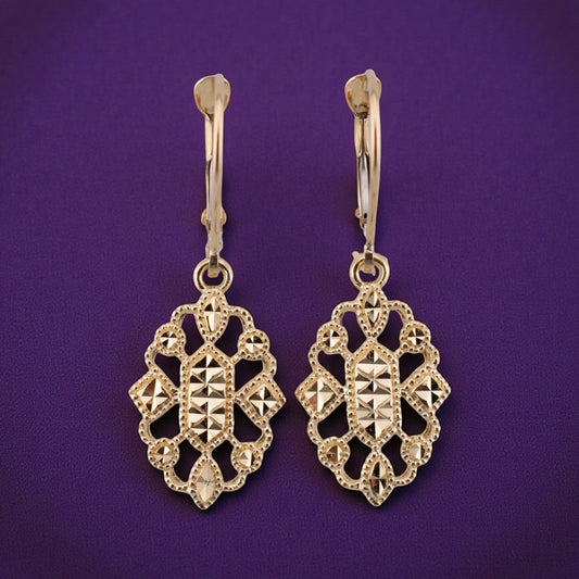 Vintage 14K Yellow Gold Art Deco Inspired Diamond Cut Dangle Earrings