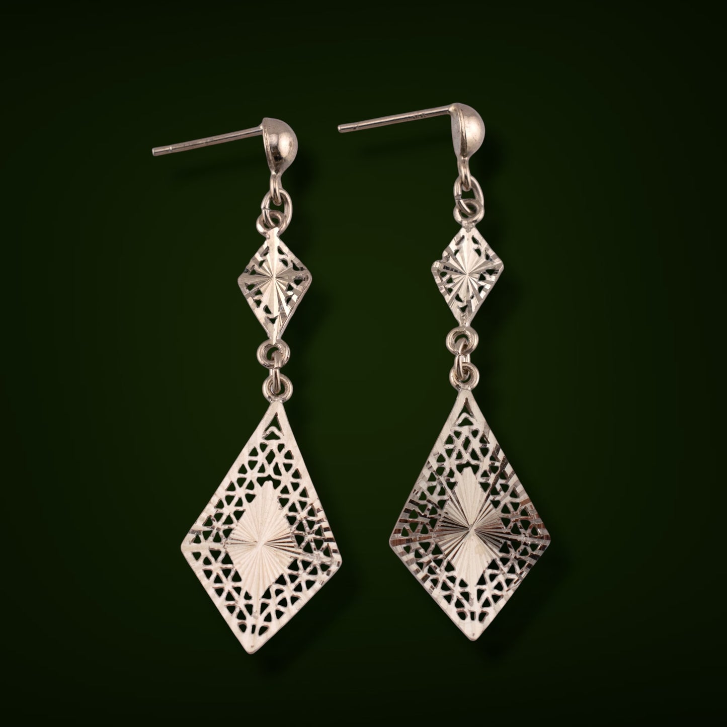Vintage 14K White Gold Filigree Geometric Dangle Earrings Art Deco Style