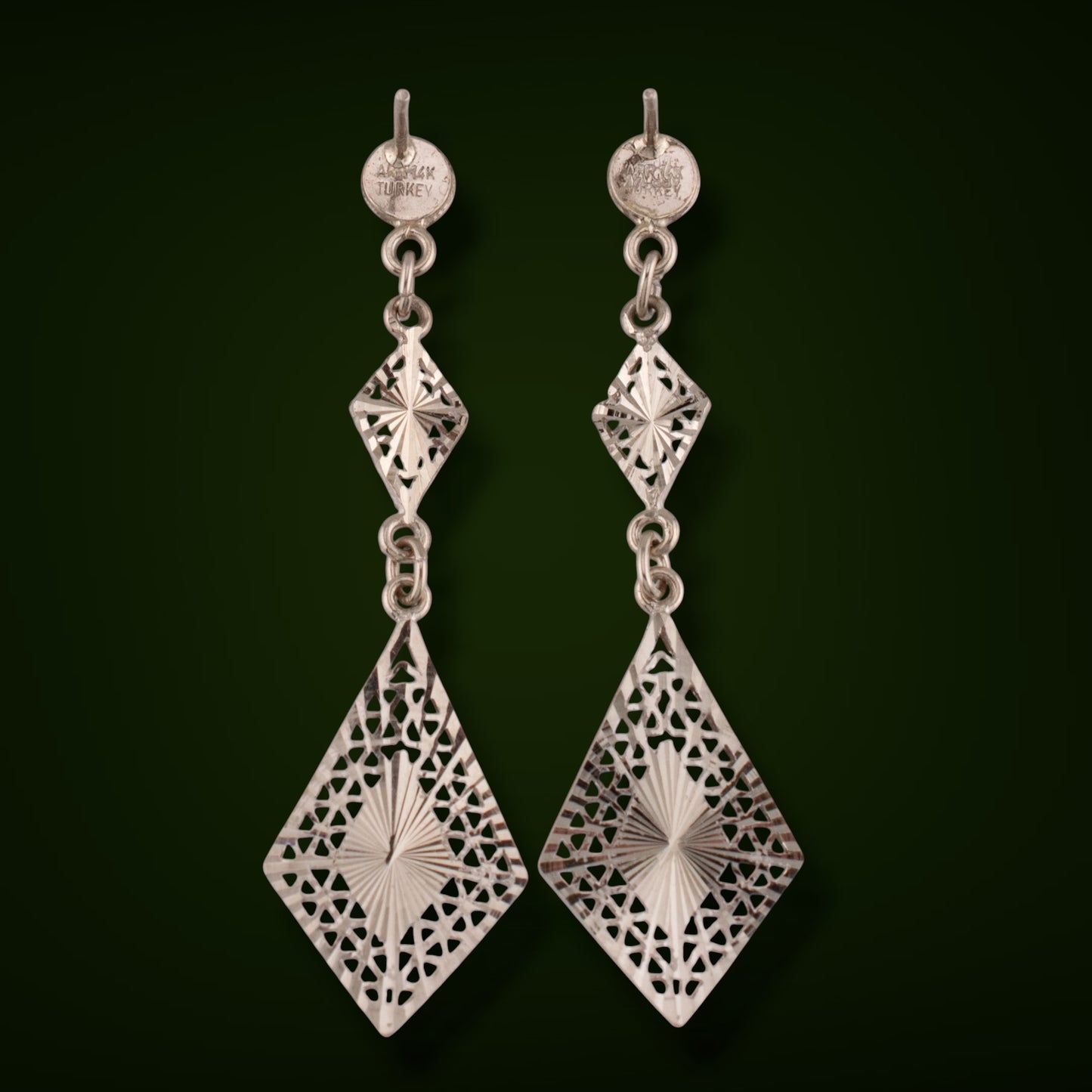 Vintage 14K White Gold Filigree Geometric Dangle Earrings Art Deco Style