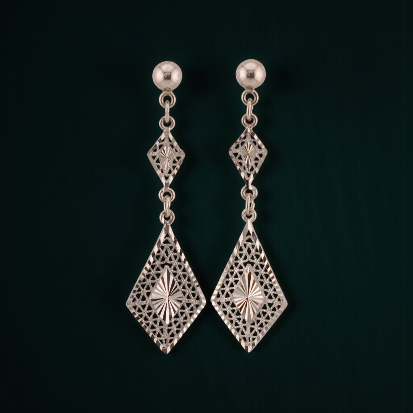 Vintage 14K White Gold Filigree Geometric Dangle Earrings Art Deco Style