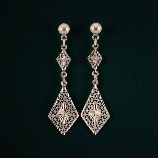 Vintage 14K White Gold Filigree Geometric Dangle Earrings Art Deco Style