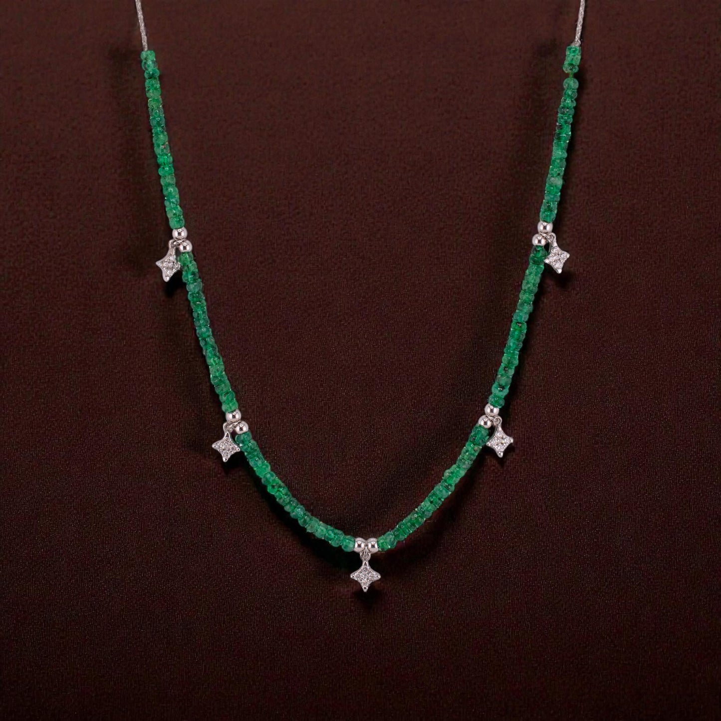 Natural Emerald Bead Diamond Station Necklace 14K & 18K White Gold 17” Adjustable Layering Necklace