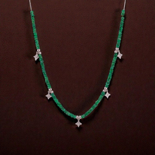 Natural Emerald Bead Diamond Station Necklace 14K & 18K White Gold 17” Adjustable Layering Necklace