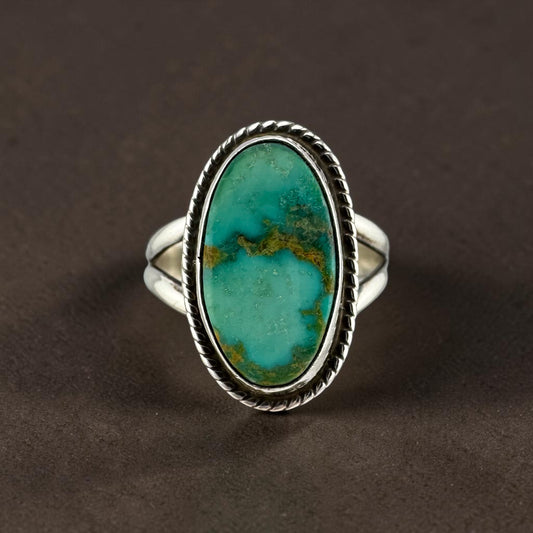 Vintage Southwestern Oval Turquoise Sterling Silver Ring Size 6.75