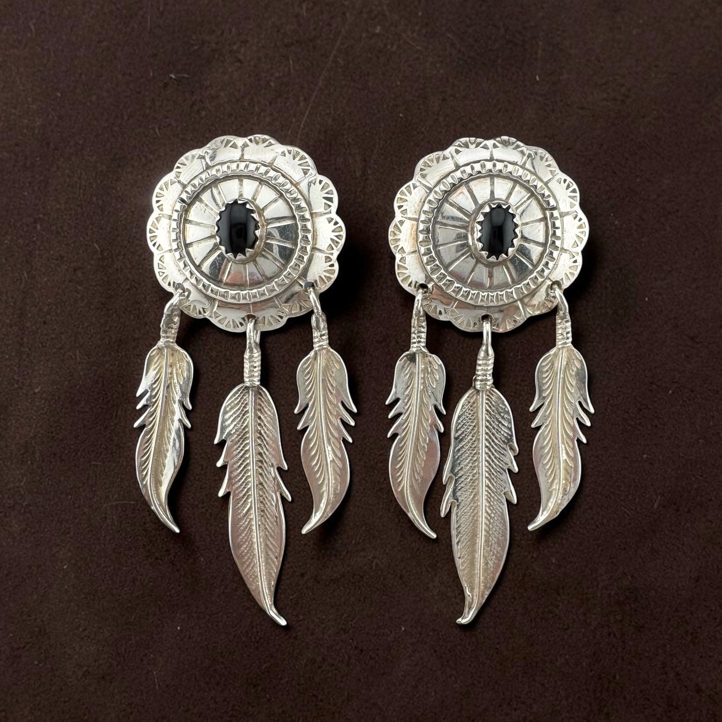 Vintage Southwestern Sterling Silver Black Onyx Feather Dangle Earrings