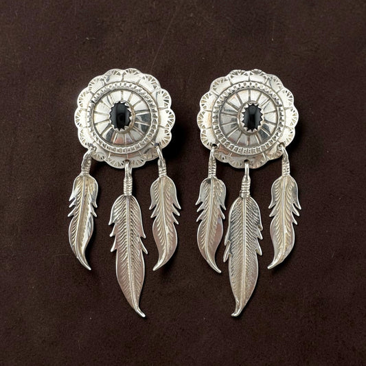 Vintage Southwestern Sterling Silver Black Onyx Feather Dangle Earrings
