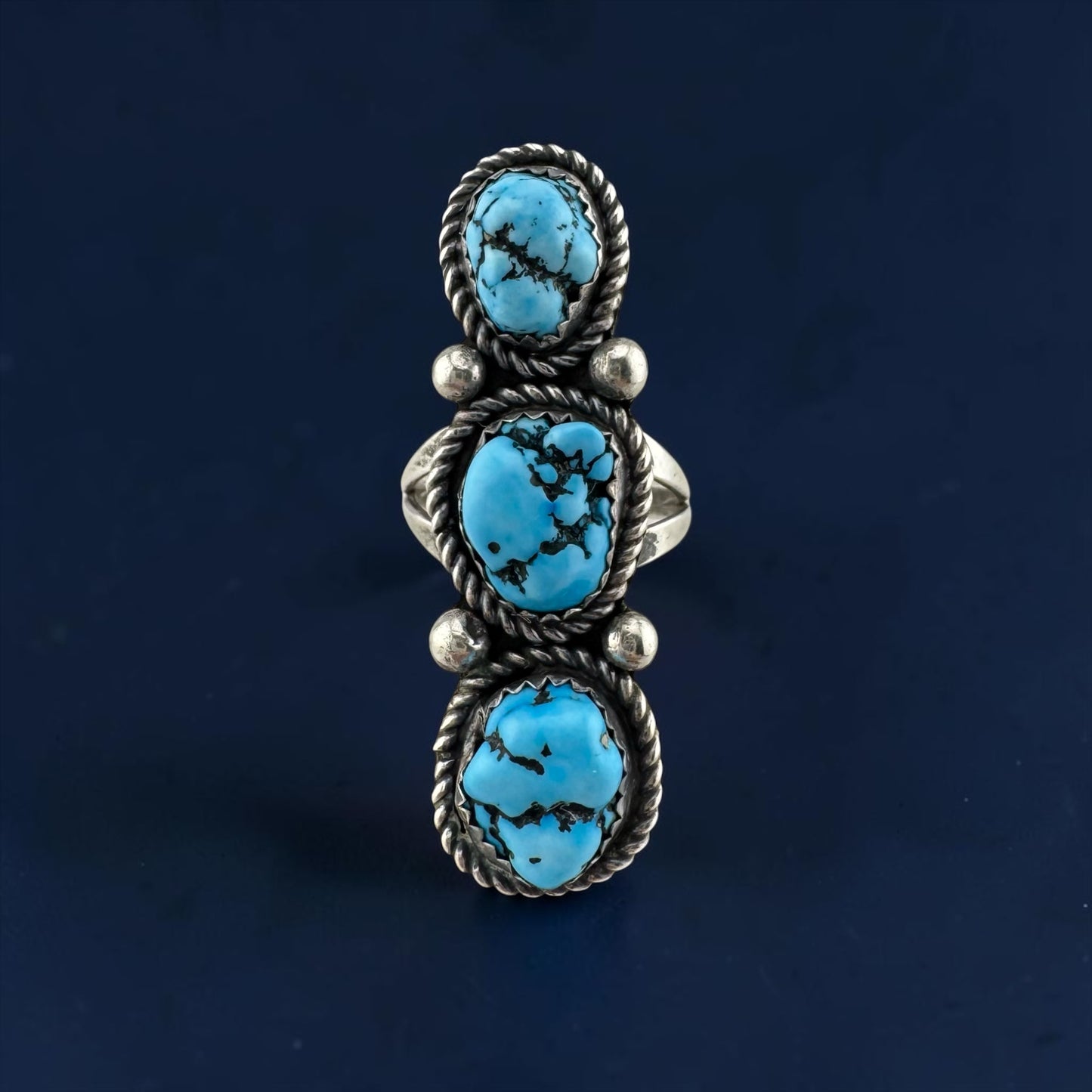 Vintage Southwestern Sterling Silver Three Stone Turquoise Statement Ring Size 6