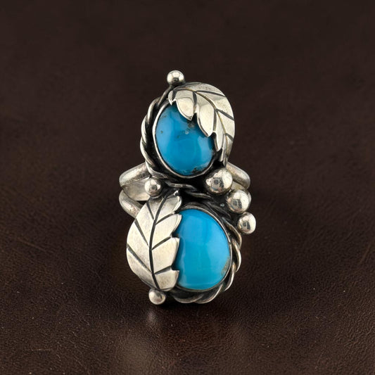 Vintage Southwestern Turquoise Feather Ring Sterling Silver Size 6.75