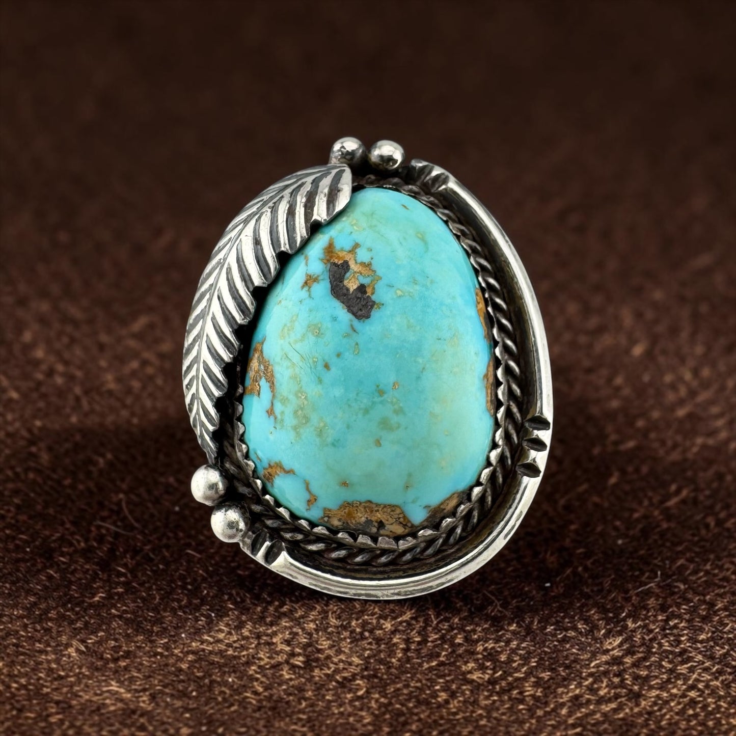 Vintage Southwestern Sterling Silver Turquoise Feather Statement Ring
