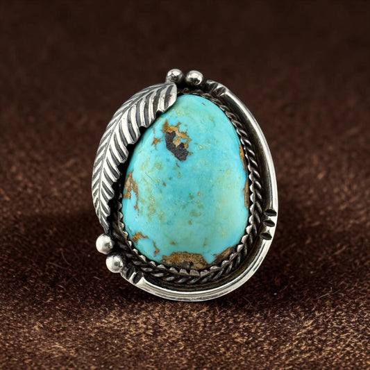 Vintage Southwestern Sterling Silver Turquoise Feather Statement Ring