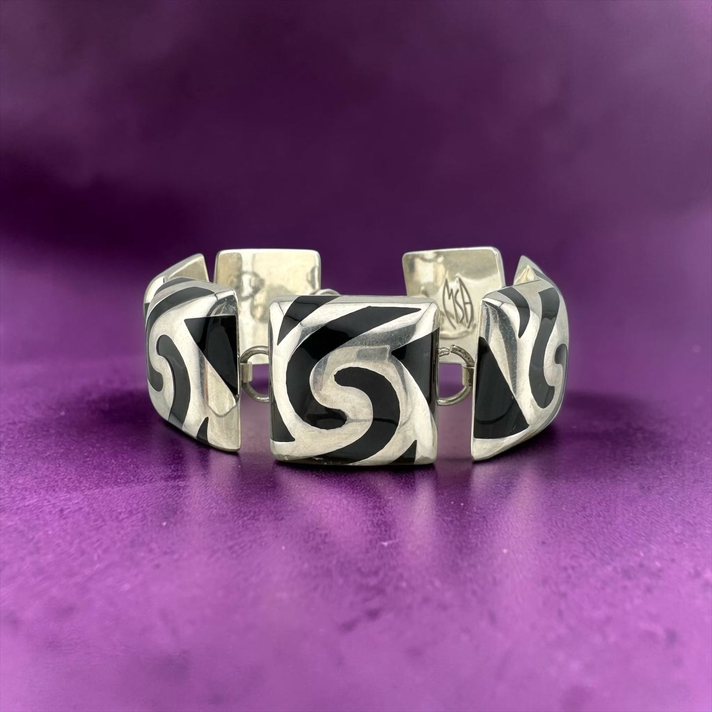 Vintage Sterling Silver Black Enamel Swirl Bracelet - Modernist Jewelry