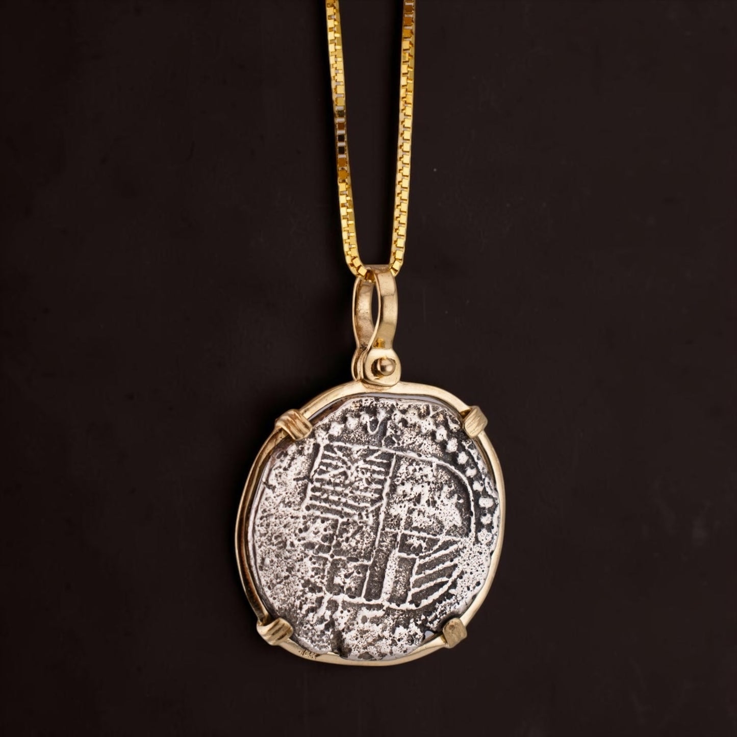 Vintage Spanish Reales Coin Pendant 14K Gold Bezel Necklace Antique Silver