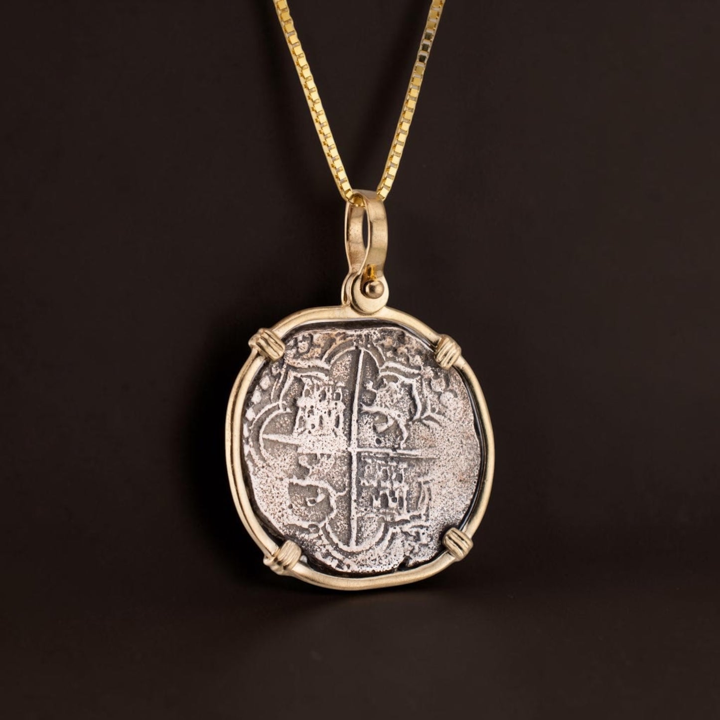 Vintage Spanish Reales Coin Pendant 14K Gold Bezel Necklace Antique Silver