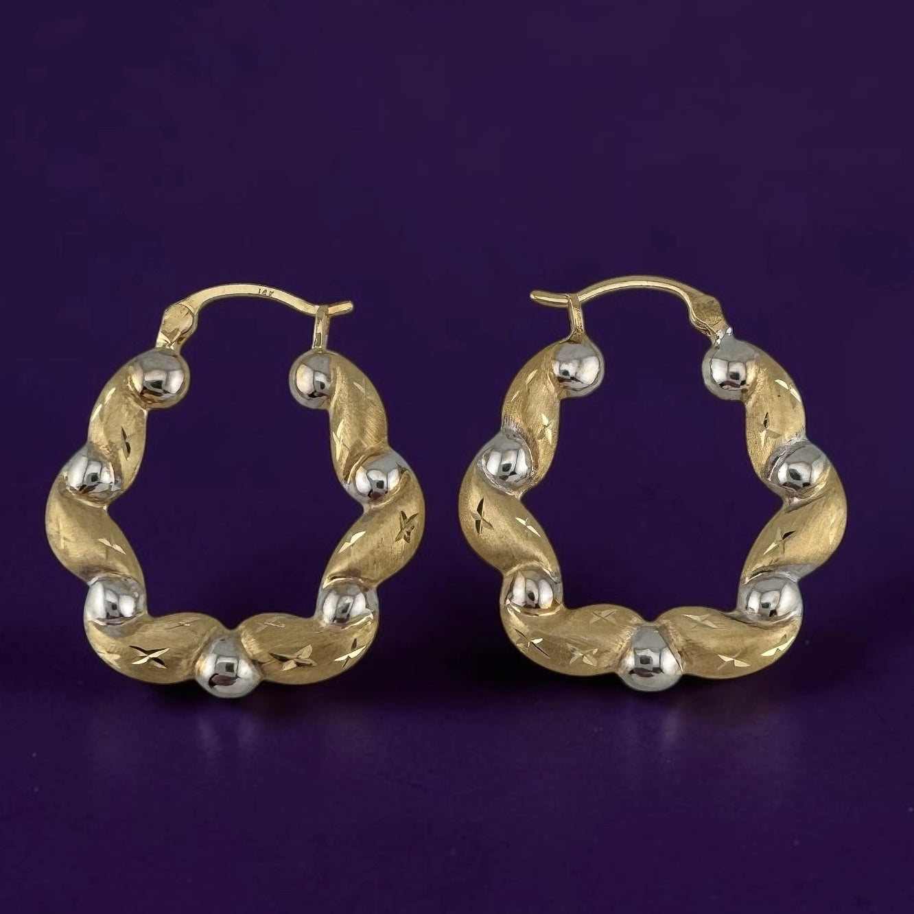 Vintage 14K Two-Tone Gold Cloud Hoop Earrings Puffy Twisted Hoop Earrings