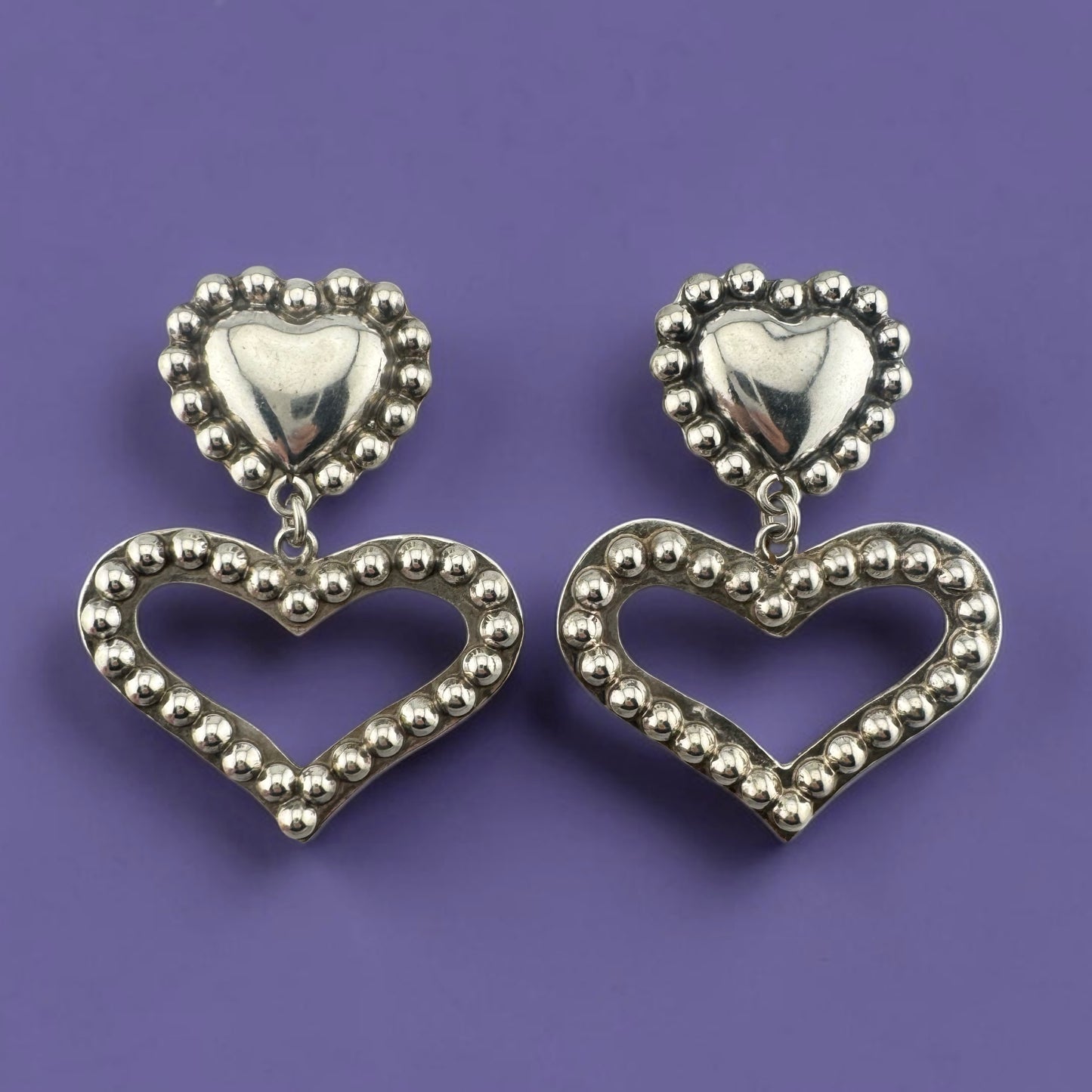 Vintage Sterling Silver Heart Earrings, Handmade Mexican Dangle Statement Earrings
