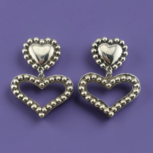 Vintage Sterling Silver Heart Earrings, Handmade Mexican Dangle Statement Earrings