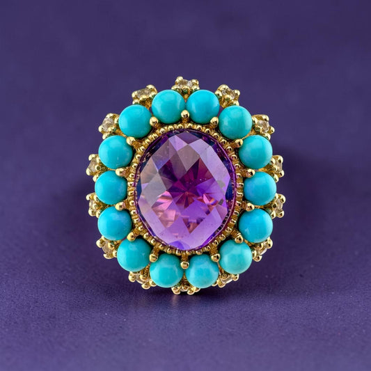 Estate 10K Yellow Gold 4.50 Carat Amethyst Turquoise Halo Cocktail Ring Size 7