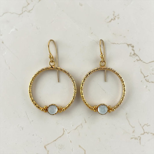 Vintage 14K Yellow Gold Blue Topaz Textured Hoop Dangle Earrings 24 mm