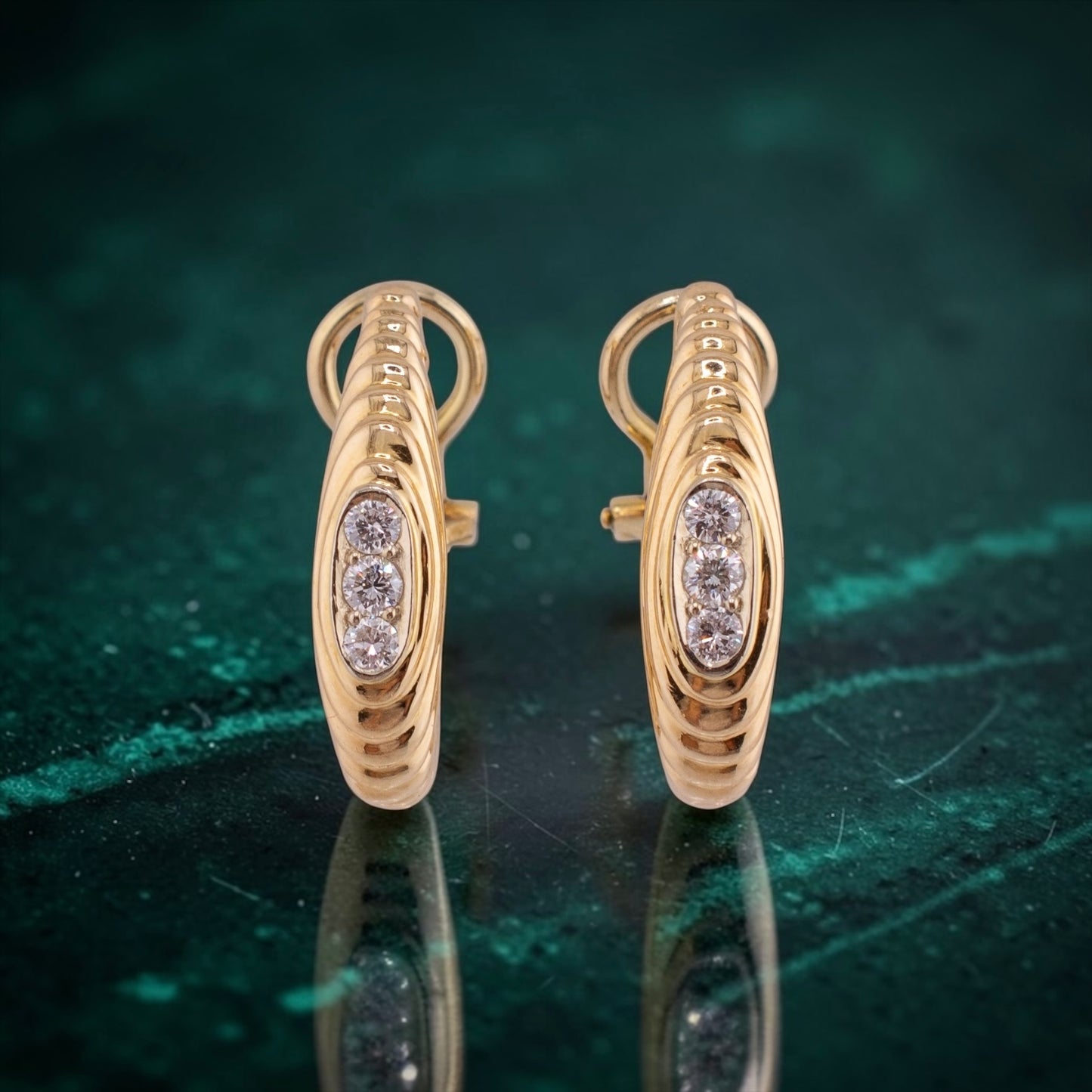 Vintage 1980s 14K Yellow Gold Diamond Omega Back Hoop Earrings 0.45ctw