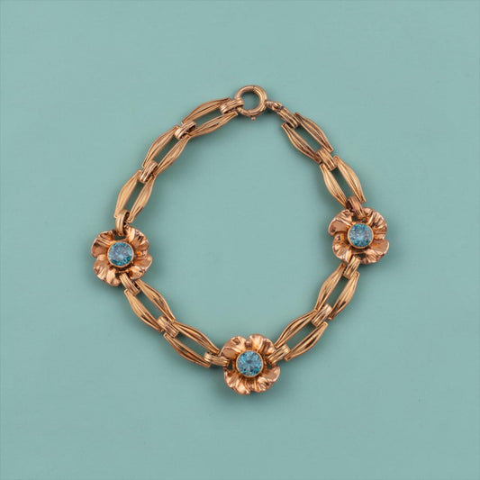 Vintage 1950s 14K Yellow Gold 3.06ctw Natural Blue Zircon Flower Link Bracelet