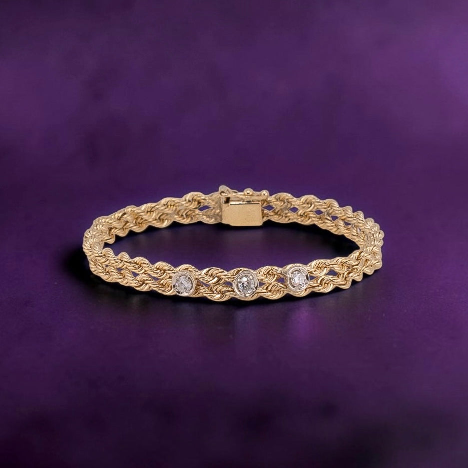 Vintage 14K Yellow Gold Double Rope Chain Diamond Bracelet 0.36ctw 6.25"