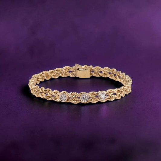 Vintage 14K Yellow Gold Double Rope Chain Diamond Bracelet 0.36ctw 6.25"