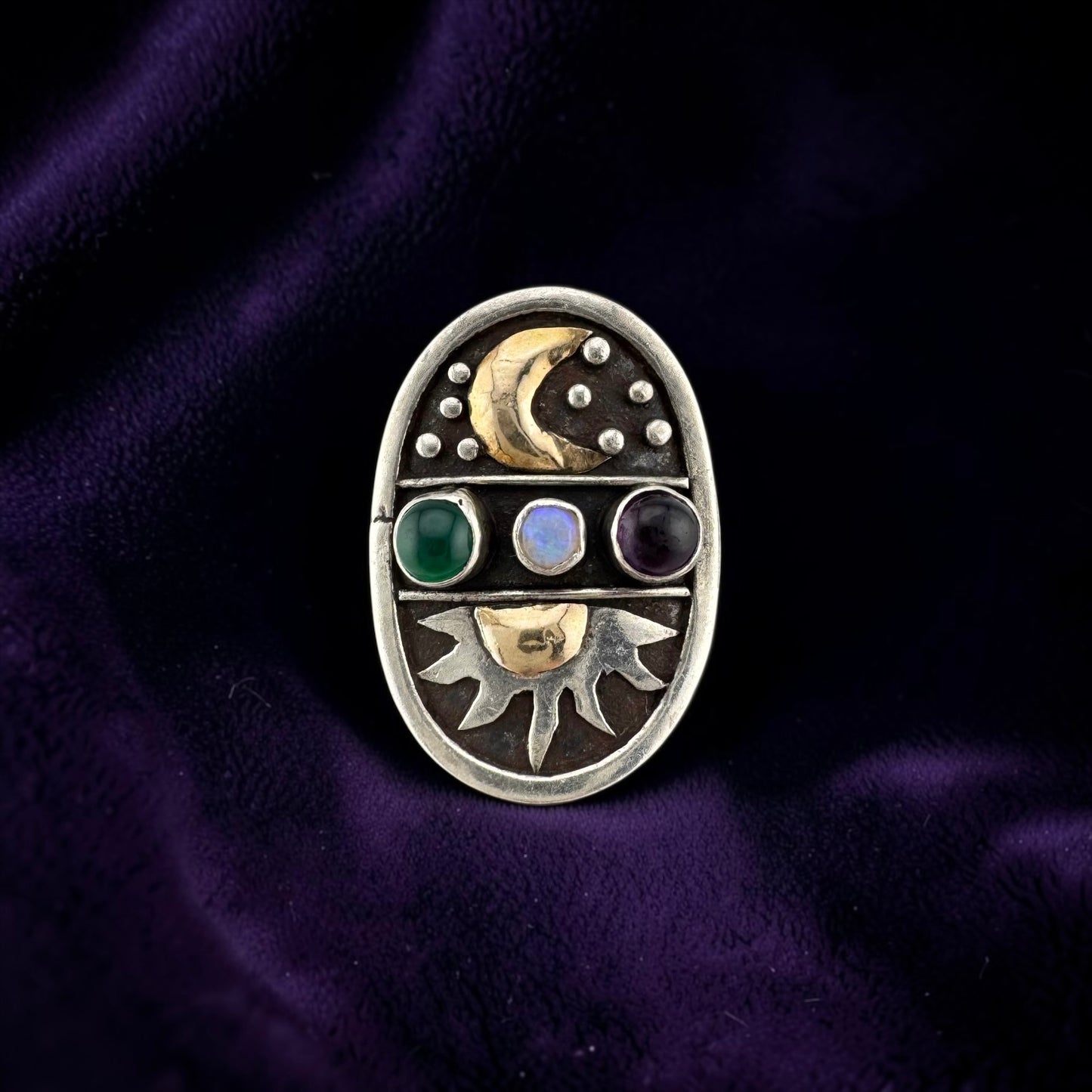 Vintage Whimsigoth Sterling Silver Sun Moon Celestial Gemstone Ring Size 5.75