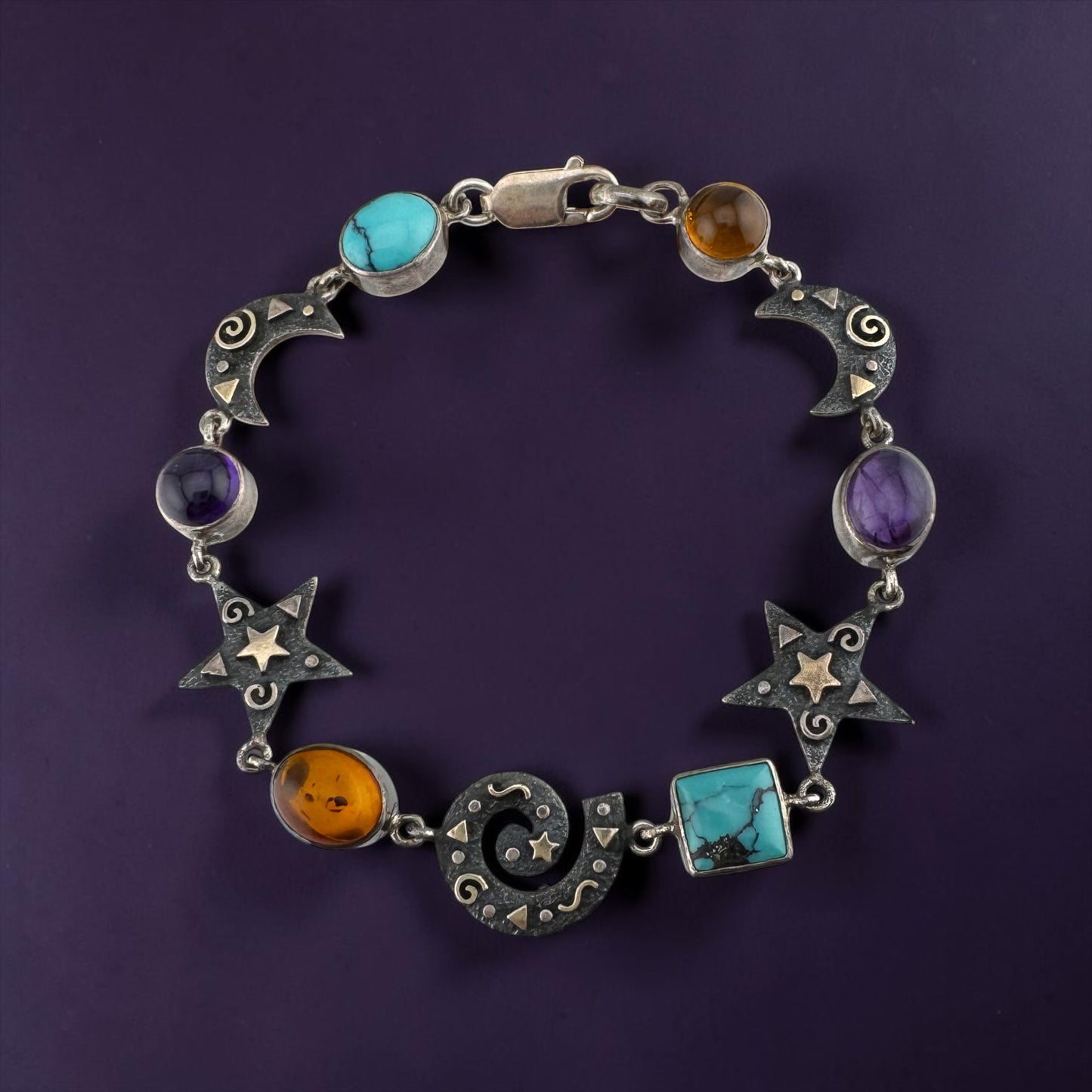 Vintage Whimsigoth Sterling Silver Celestial Bracelet Turquoise Amethyst Amber Moon Stars