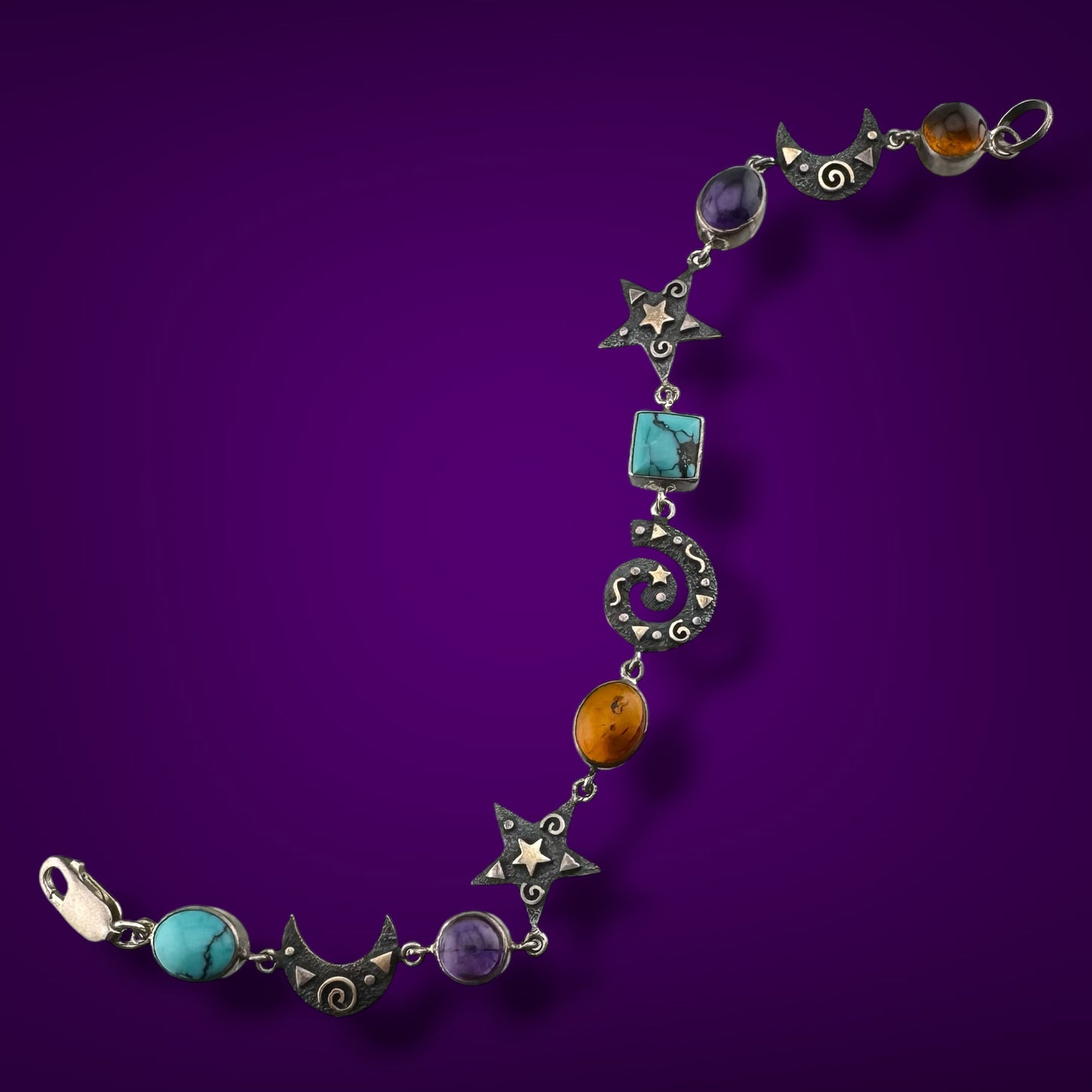 Vintage Whimsigoth Sterling Silver Celestial Bracelet Turquoise Amethyst Amber Moon Stars