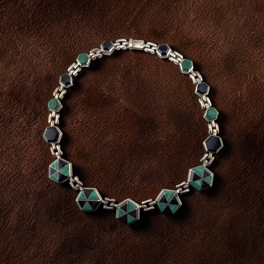 Vintage Taxco 950 Silver Malachite Onyx Statement Necklace 18.5" Mexican Jewelry