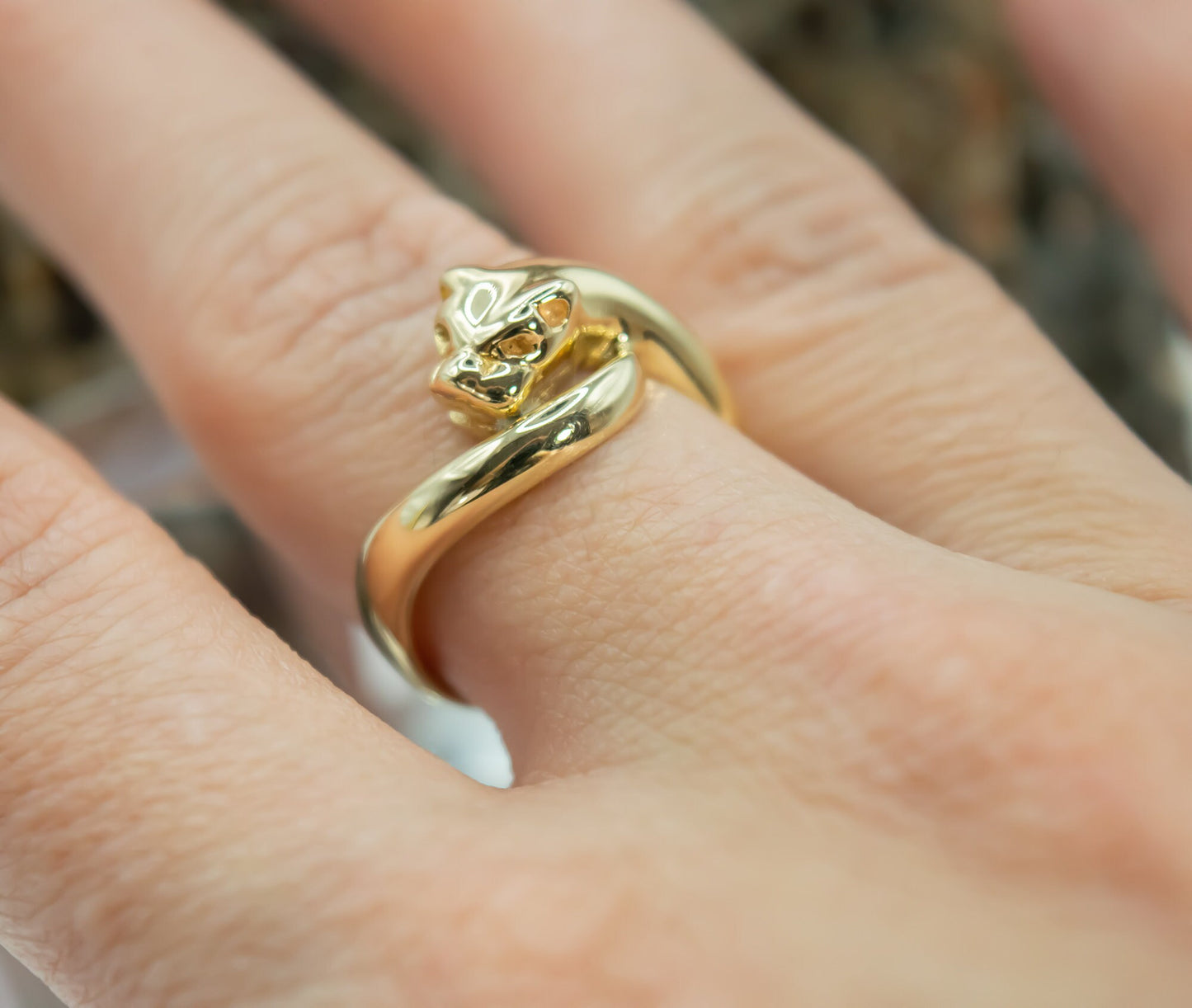 Solid 14K Yellow Gold Cougar, Panther, Cat Statement Ring Size 7