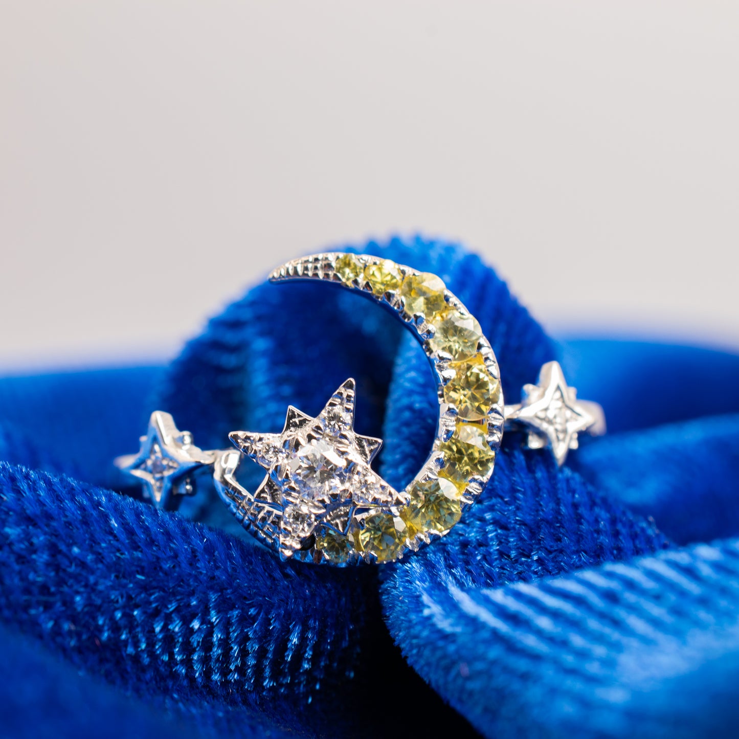14k White Gold Crescent Moon and Stars Diamond and Yellow Sapphire Ring