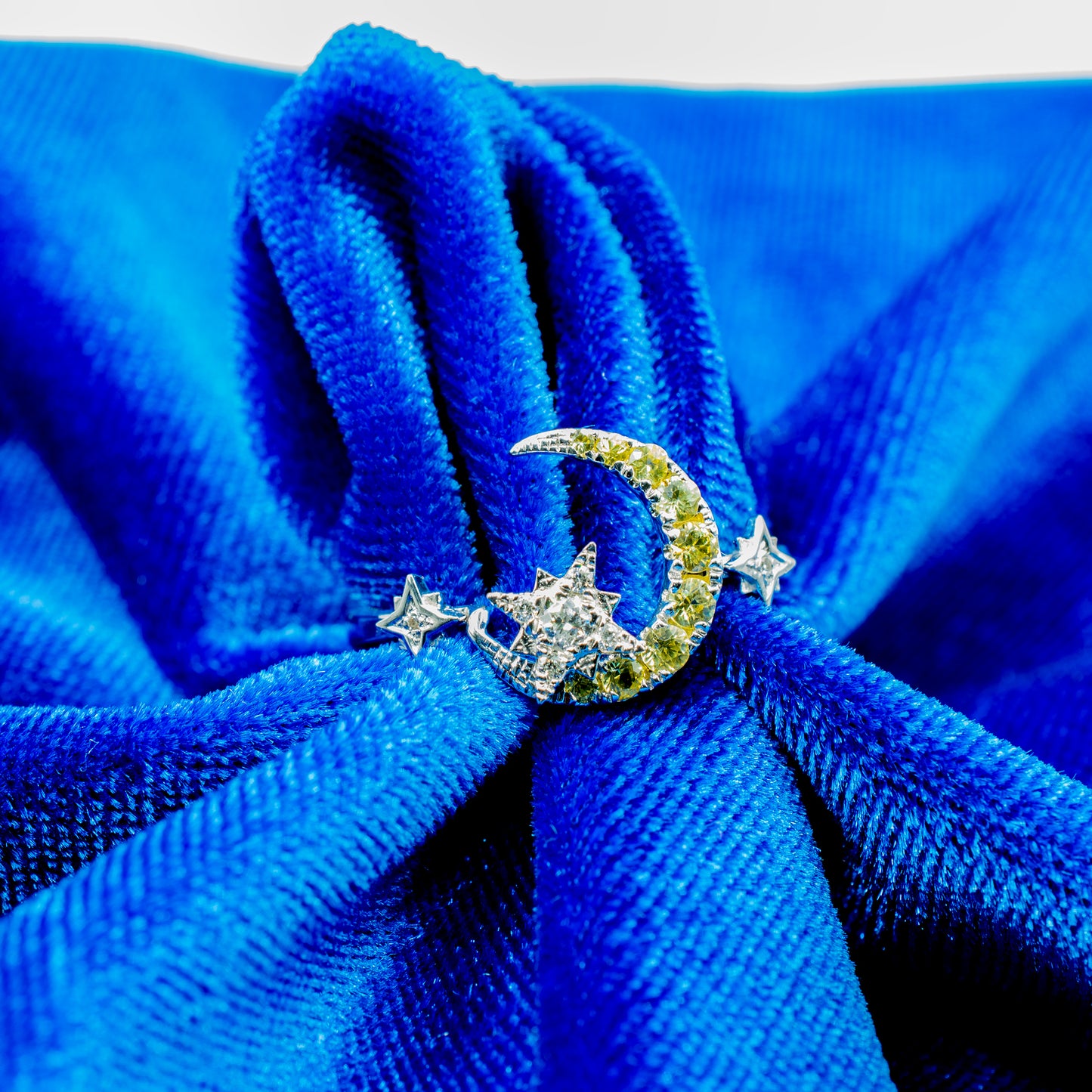 14k White Gold Crescent Moon and Stars Diamond and Yellow Sapphire Ring