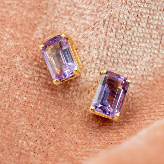 Vintage 14k Yellow Gold Emerald Cut Amethyst Studs