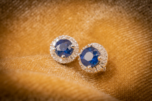 Estate 14k White Gold Diamond Halo Sapphire Earrings