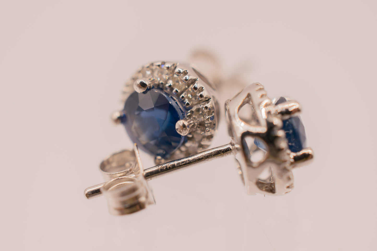 Estate 14k White Gold Diamond Halo Sapphire Earrings