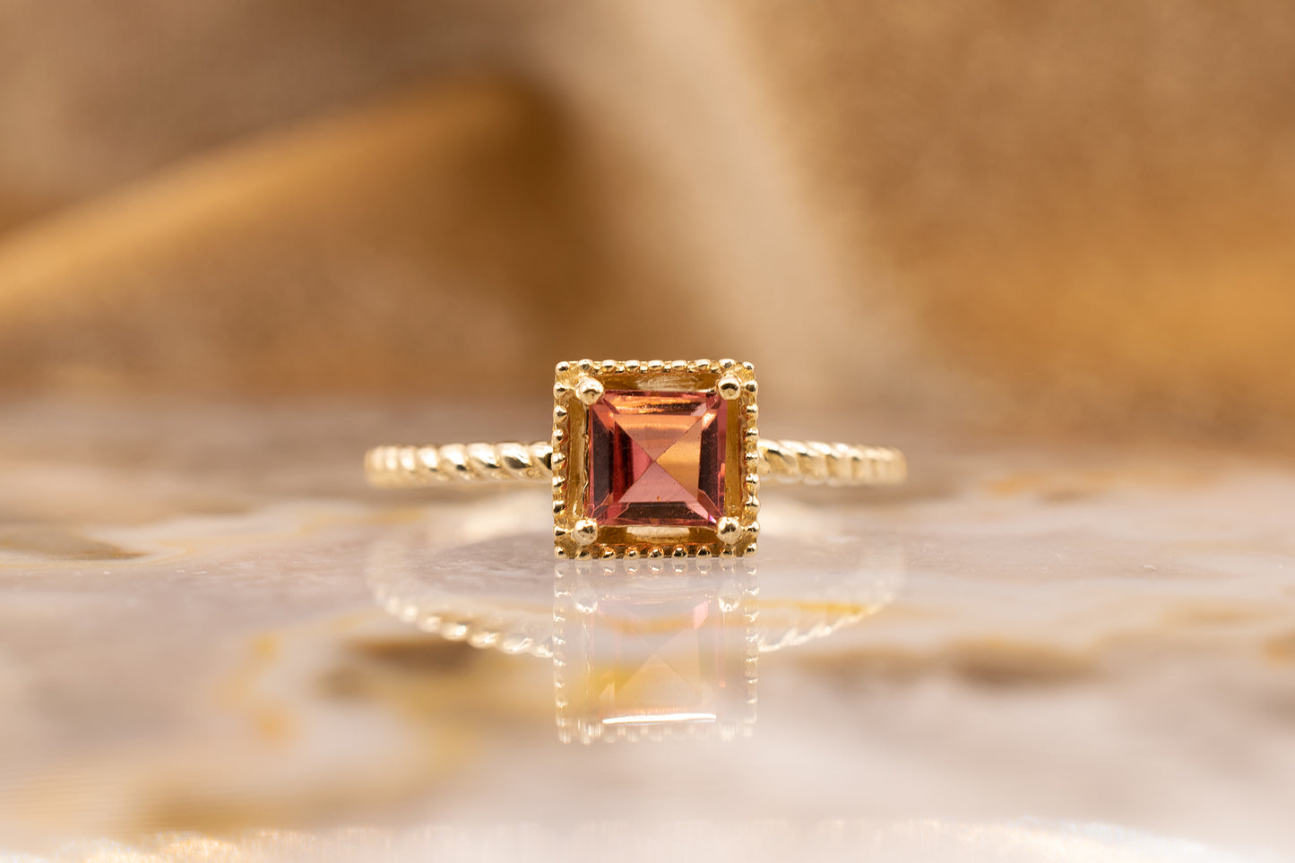 14k Yellow Gold Asscher Cut Pink Tourmaline Rope Band Ring