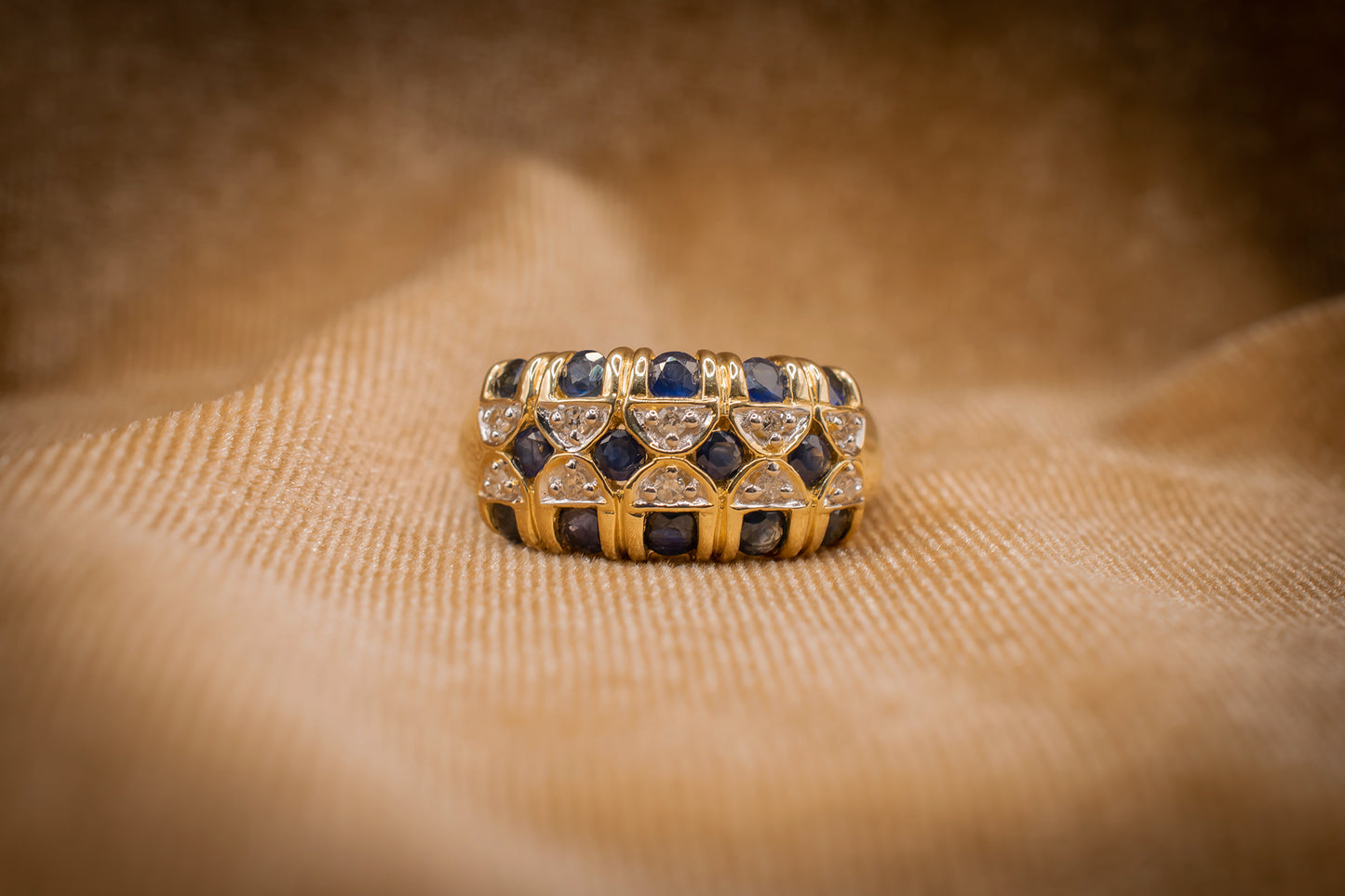 Vintage 14k Yellow Gold Blue Sapphire and Diamond Checkered Like Design Cocktail Ring
