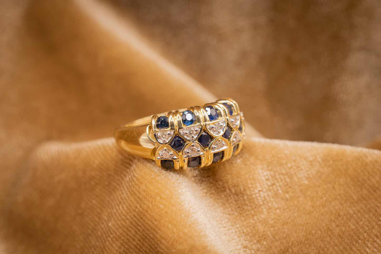 Vintage 14k Yellow Gold Blue Sapphire and Diamond Checkered Like Design Cocktail Ring