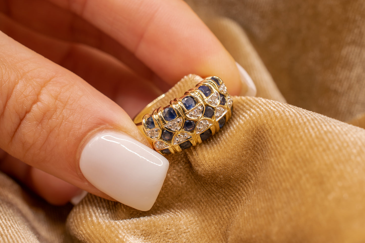 Vintage 14k Yellow Gold Blue Sapphire and Diamond Checkered Like Design Cocktail Ring