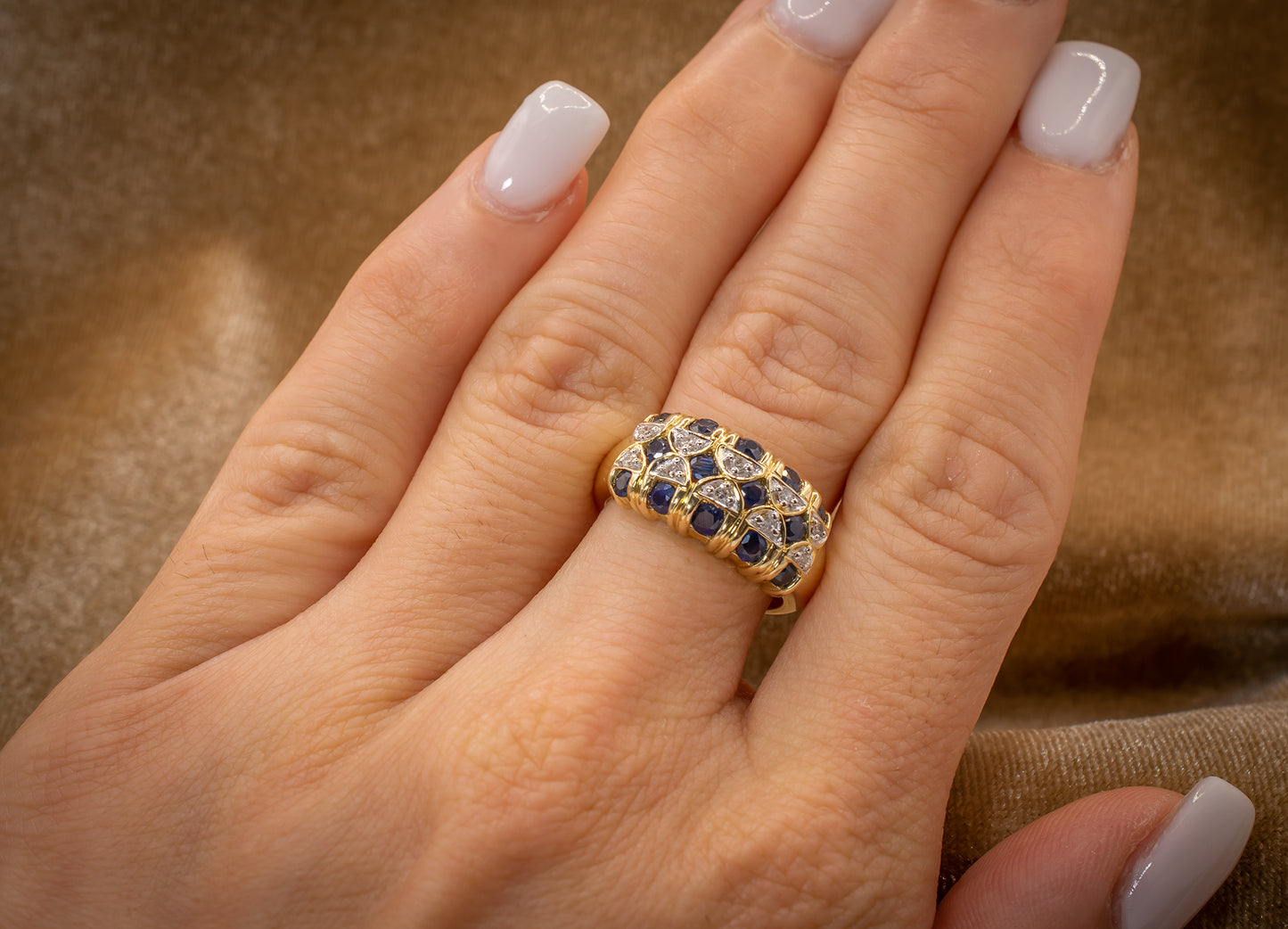 Vintage 14k Yellow Gold Blue Sapphire and Diamond Checkered Like Design Cocktail Ring