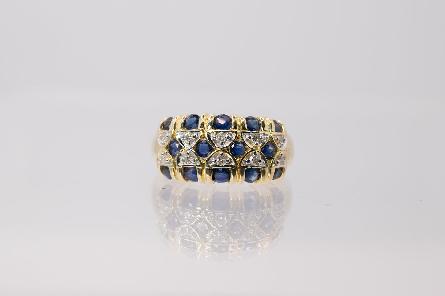 Vintage 14k Yellow Gold Blue Sapphire and Diamond Checkered Like Design Cocktail Ring