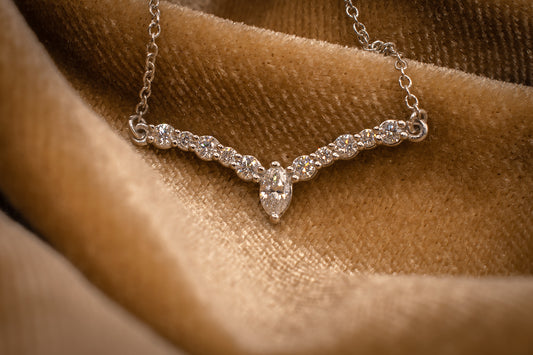 Platinum 950 Marquise & Round Brilliant Natural Diamond "V" Necklace