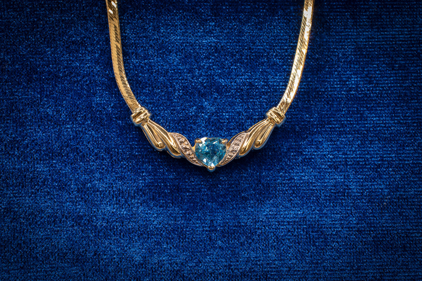 Vintage 14k Yellow gold Blue Topaz Heart Necklace Herringbone Style Chain