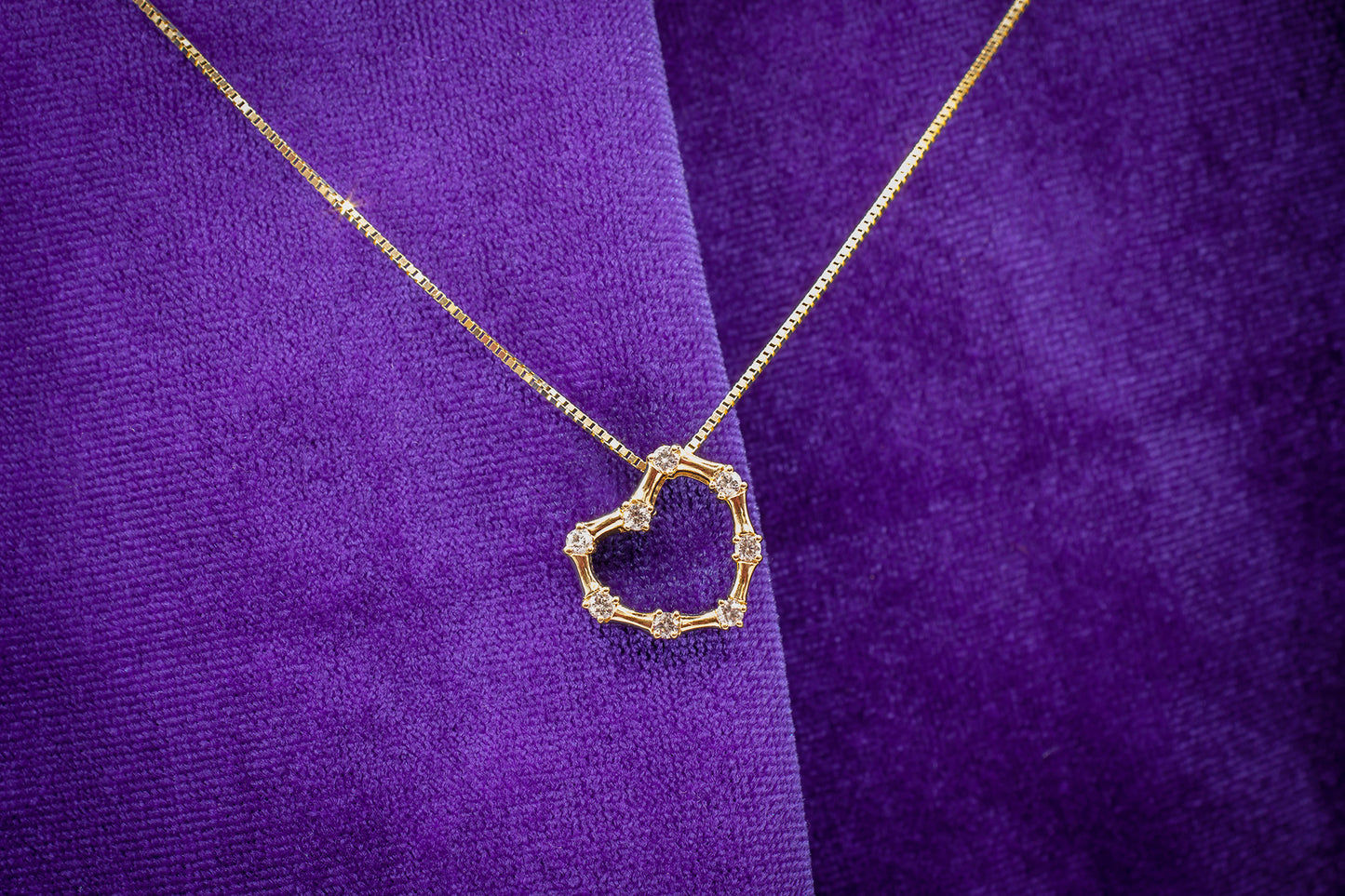 Vintage 14k Yellow Gold Bamboo Diamond Heart Necklace