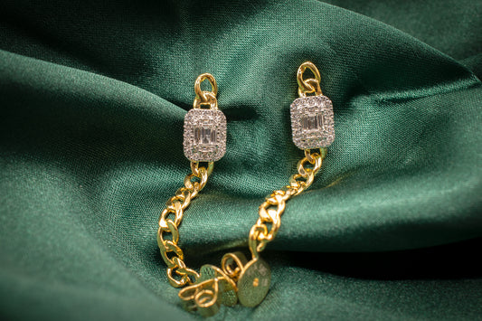 18k & 14k Two Tone Yellow Gold Diamond Halo Curb Chain Dangle Earrings