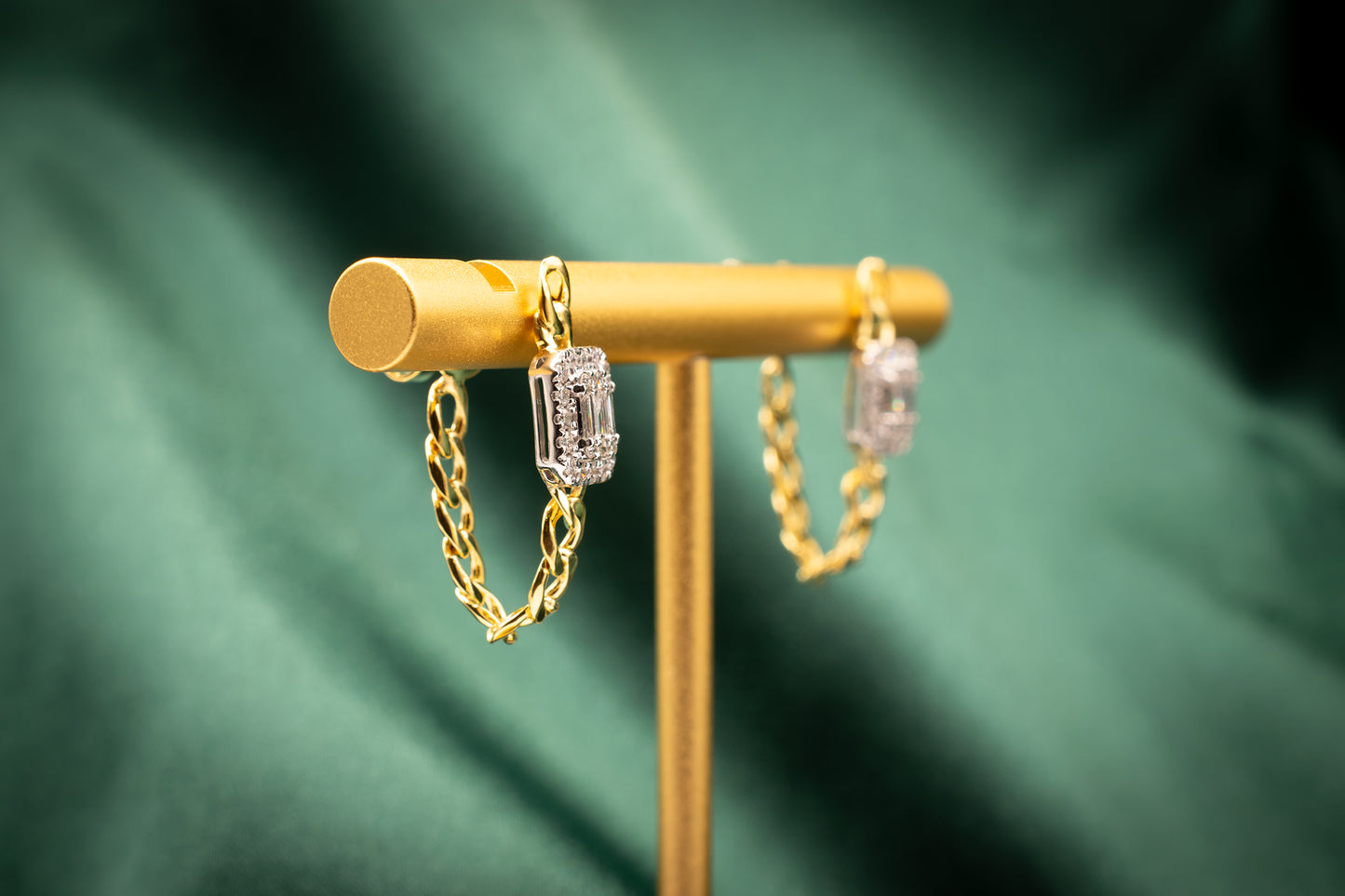 18k & 14k Two Tone Yellow Gold Diamond Halo Curb Chain Dangle Earrings