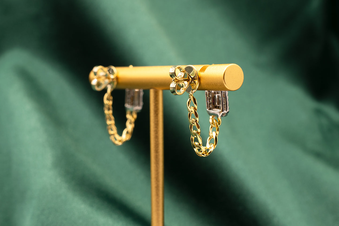 18k & 14k Two Tone Yellow Gold Diamond Halo Curb Chain Dangle Earrings